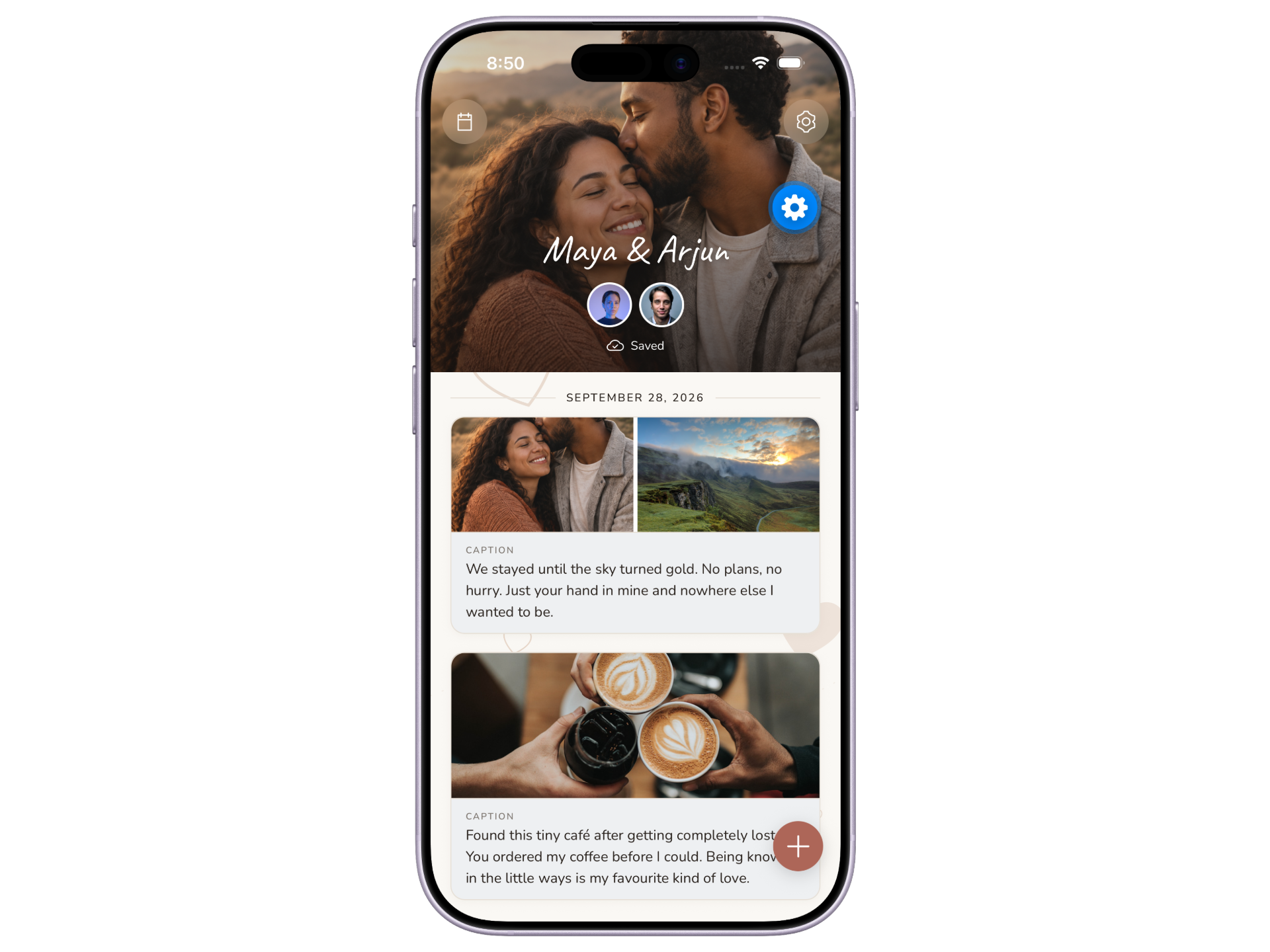 Memoir journal on a phone, showing a couple's shared memories