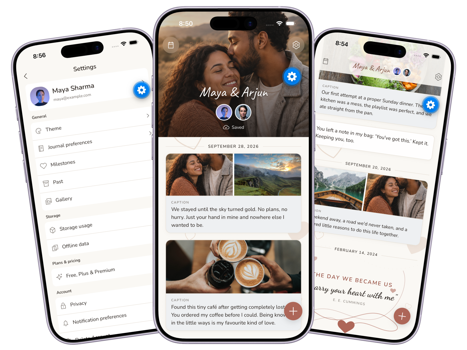 Memoir settings, journal timeline, and memory screens